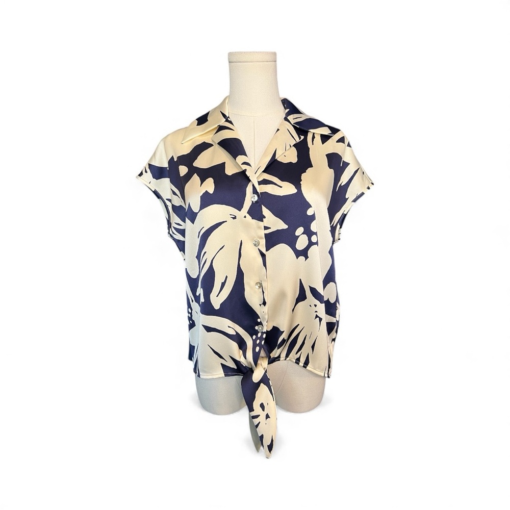 💙🤍 EUC RACHEL ZOE Blue & White Floral Satin Tie-Front Blouse | Sz XS